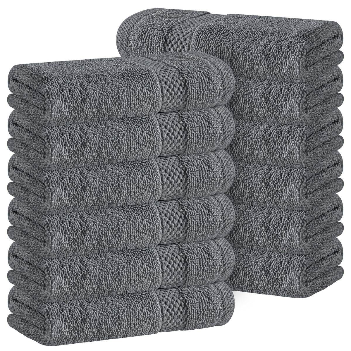 White Classic Luxury Cotton 12 Pc Flannel Set, Hotel Style Small Bath Towel and Face Cloth 33x33 cm, Dark Grey Soft Plush Flannels Pack of 12