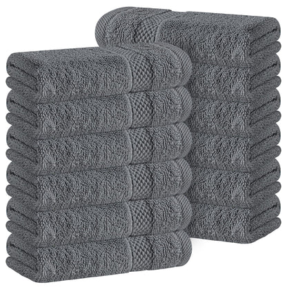 White Classic Luxury Cotton 12 Pc Flannel Set, Hotel Style Small Bath Towel and Face Cloth 33x33 cm, Dark Grey Soft Plush Flannels Pack of 12