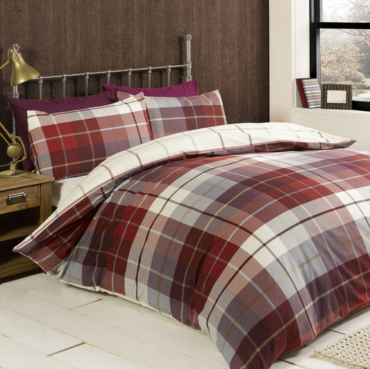 Rapport Home Lomond Check Duvet Cover Set ? 100% Brushed Cotton Flannelette, Soft & Cosy Checkered Bedding, Easy Care Superking Red