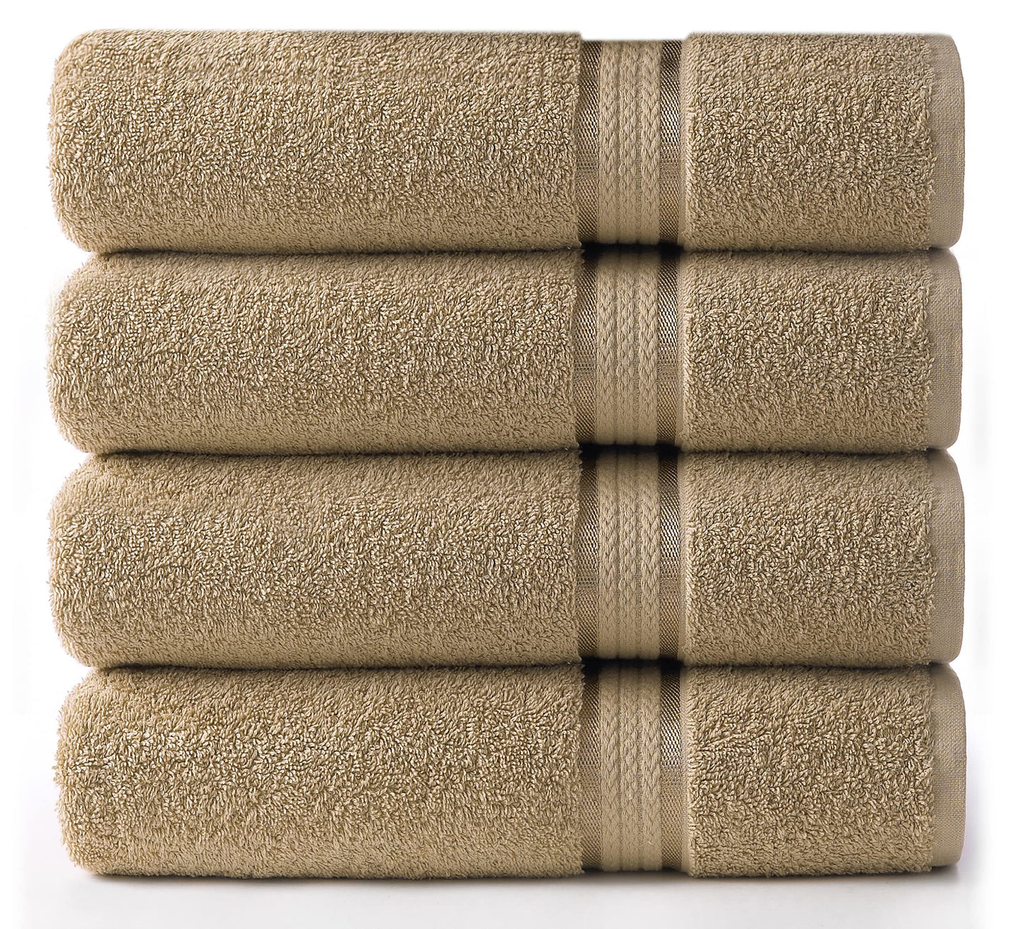 COTTON CRAFT -Ultra Soft 4 Pack Bath Towels -76x137 - Linen - 100% Pure Ringspun Cotton - Luxurious Rayon trim - Ideal for everyday use - Easy care
