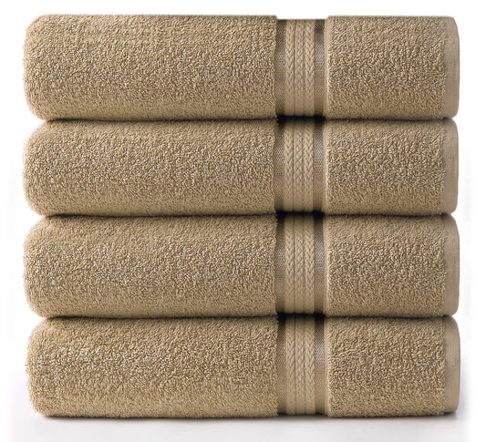 COTTON CRAFT -Ultra Soft 4 Pack Bath Towels -76x137 - Linen - 100% Pure Ringspun Cotton - Luxurious Rayon trim - Ideal for everyday use - Easy care