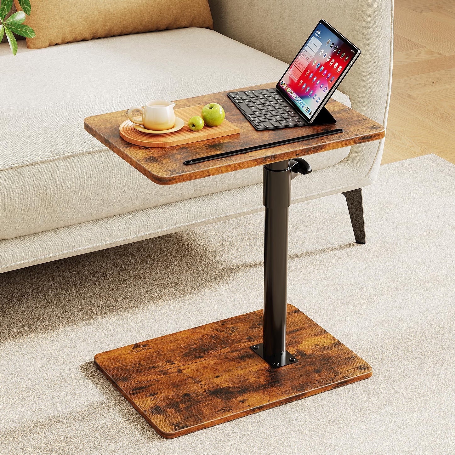 CAIYUN C Shaped Side Table, Height Adjustable Swivel 360° Rotating, Brown End Table for Small Spaces