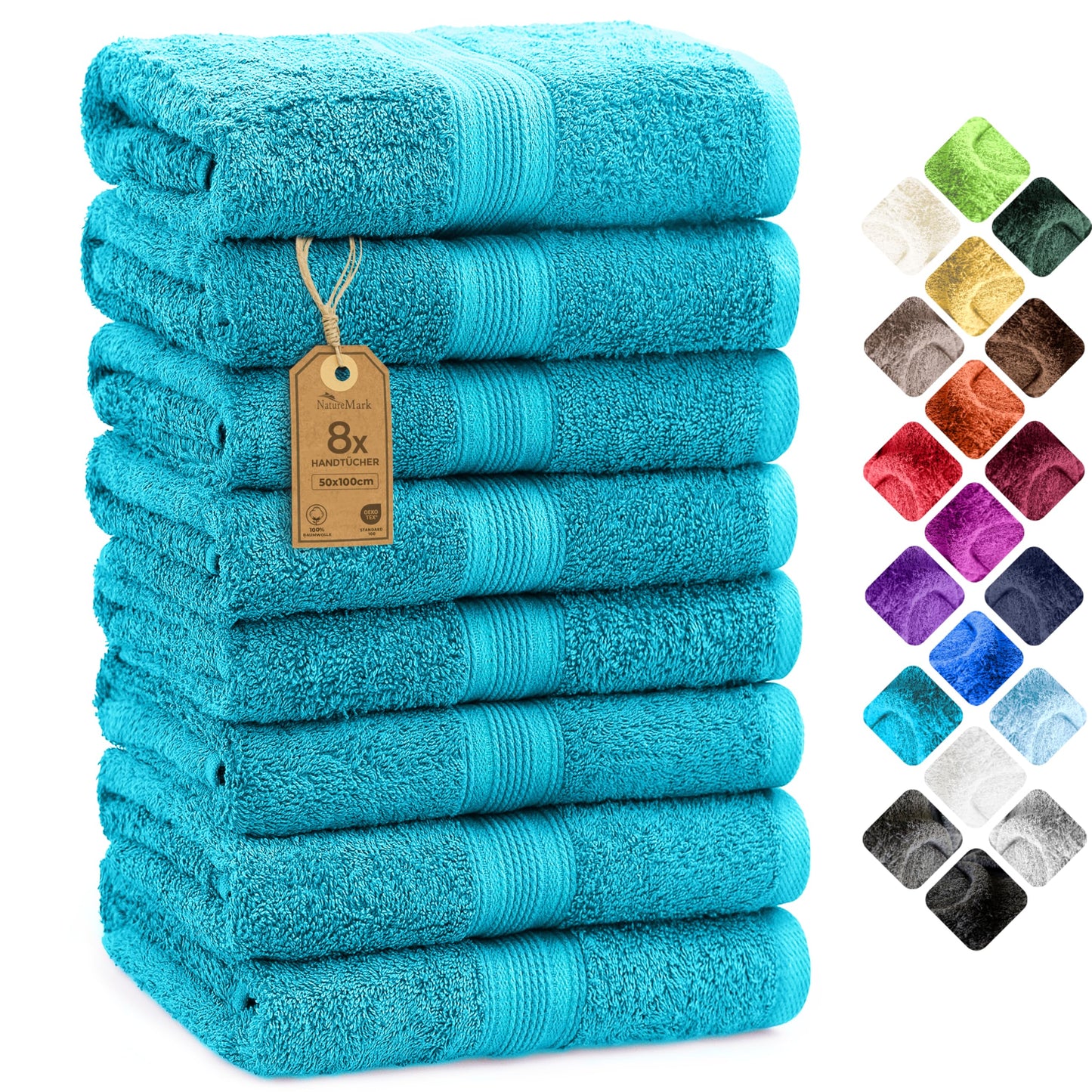 NatureMark 8 Hand Towels Set - 100% Cotton - Soft and Absorbent Bathroom Towels, Durable and Comfortable, Size 50 x 100 cm, Turquoise