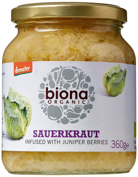 Biona Organic Sauerkraut 350 g, Pack of 6 - Infused with Juniper Berries - Fresh, Naturally Fermented Organic White Cabbage - Pasteurised - High in