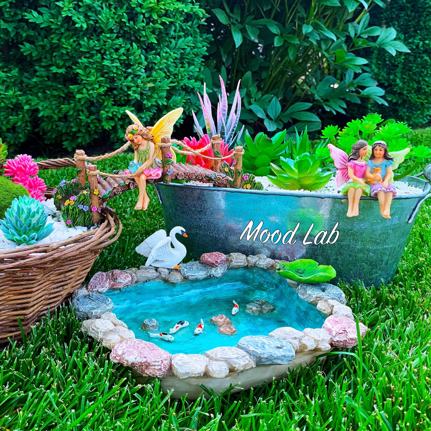 Mood Lab Fairy Garden Fish Pond Kit - Miniature Bridge Set of 6 pcs Fairy Garden Figurines & Accessories - Outdoor or House Decor