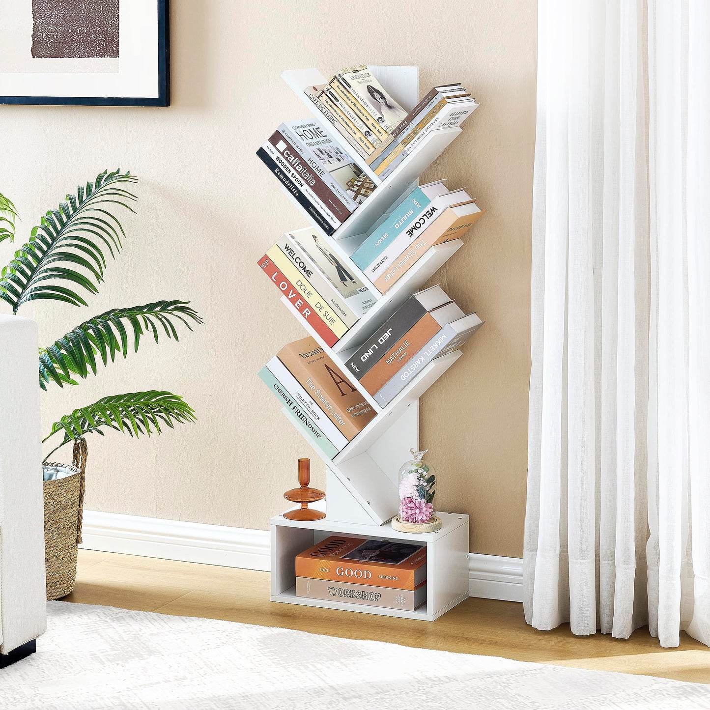 Hoctieon 6 Tier Tree Bookshelf, Tall Bookcase with Drawer, Freestanding Book Shelf, Display Floor Standing Storage Shelf