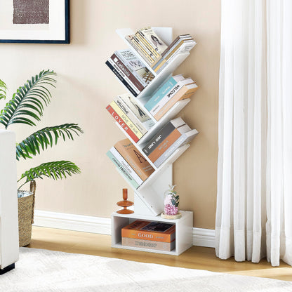 Hoctieon 6 Tier Tree Bookshelf, Tall Bookcase with Drawer, Freestanding Book Shelf, Display Floor Standing Storage Shelf