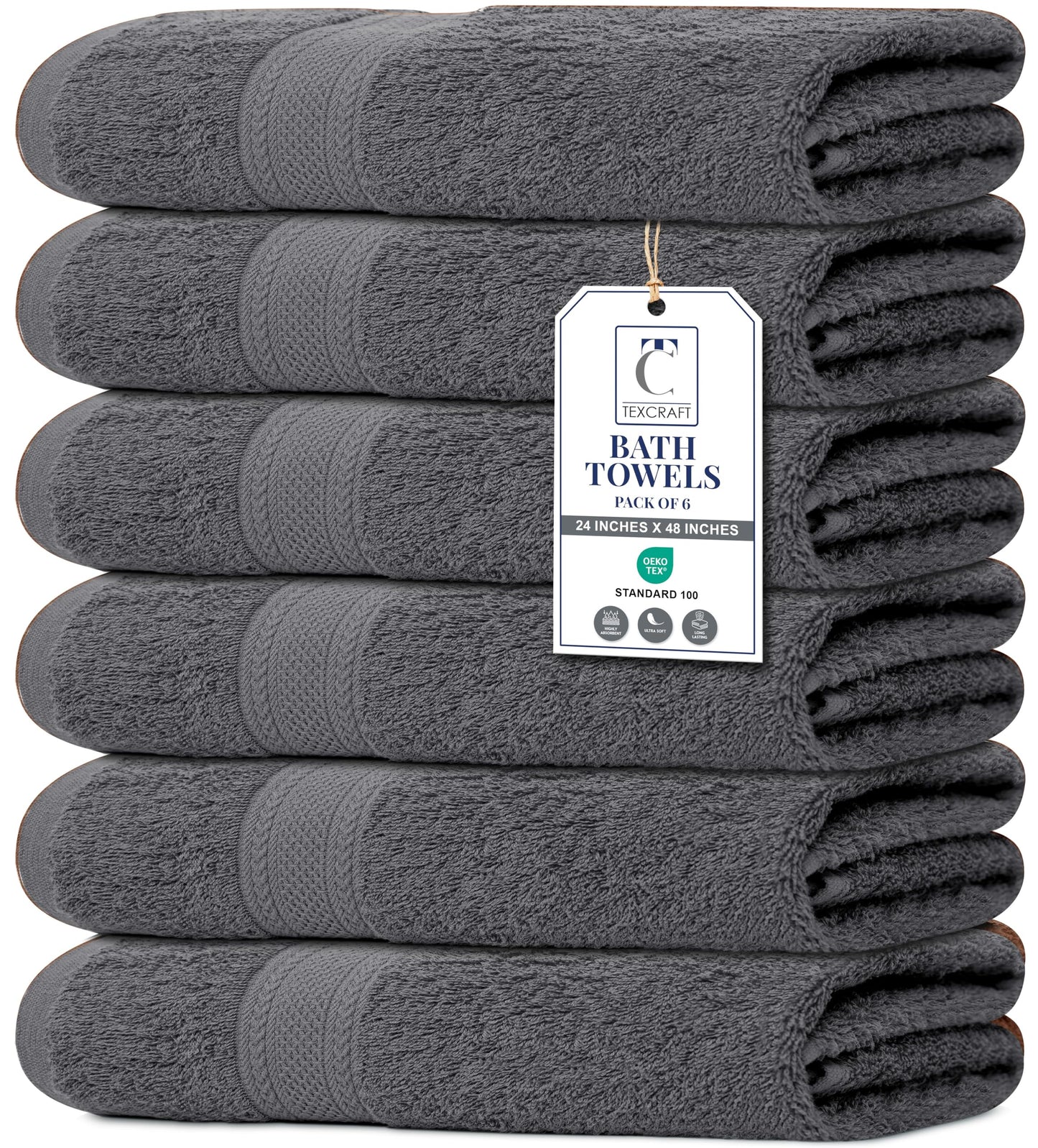 TEXCRAFT Bath Towel Set, Cotton Terry Towels for Bathroom, Quick Dry, Lightweight, Highly Absorbent, Soft Feel, 24 x 48 Pack of 6 for Shower, Pool