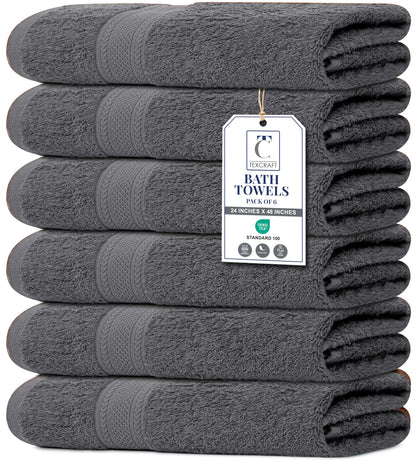 TEXCRAFT Bath Towel Set, Cotton Terry Towels for Bathroom, Quick Dry, Lightweight, Highly Absorbent, Soft Feel, 24 x 48 Pack of 6 for Shower, Pool