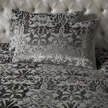 Laurence Llewelyn-Bowen - Slate Grey Embossed Damask Duvet Cover Set - Double Size (200 x 200cm) - 2 Pillowcases - Luxury Bedding Set - Velvet Damask