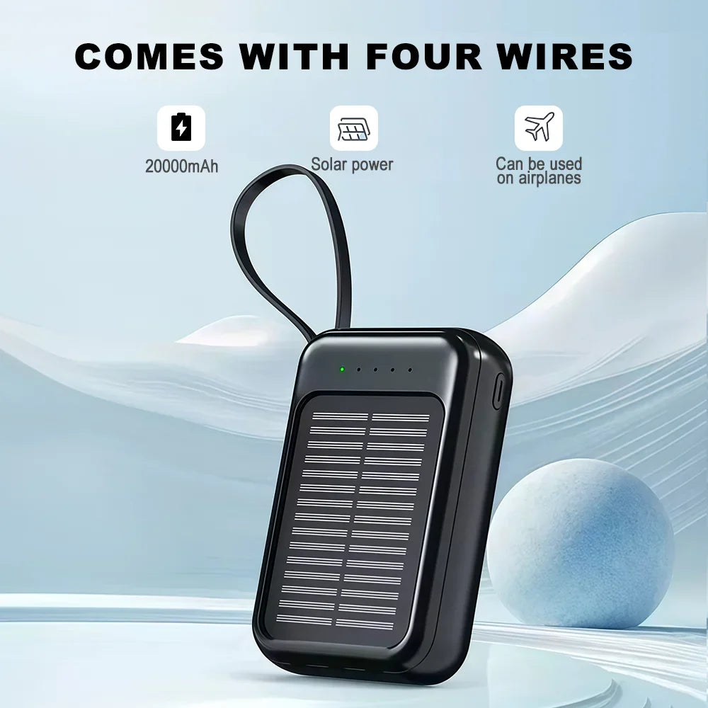 20000mAh Solar Power Bank with Flashlight Outdoor Portable Charger 4 Outputs LED Lights for Camping Emergency