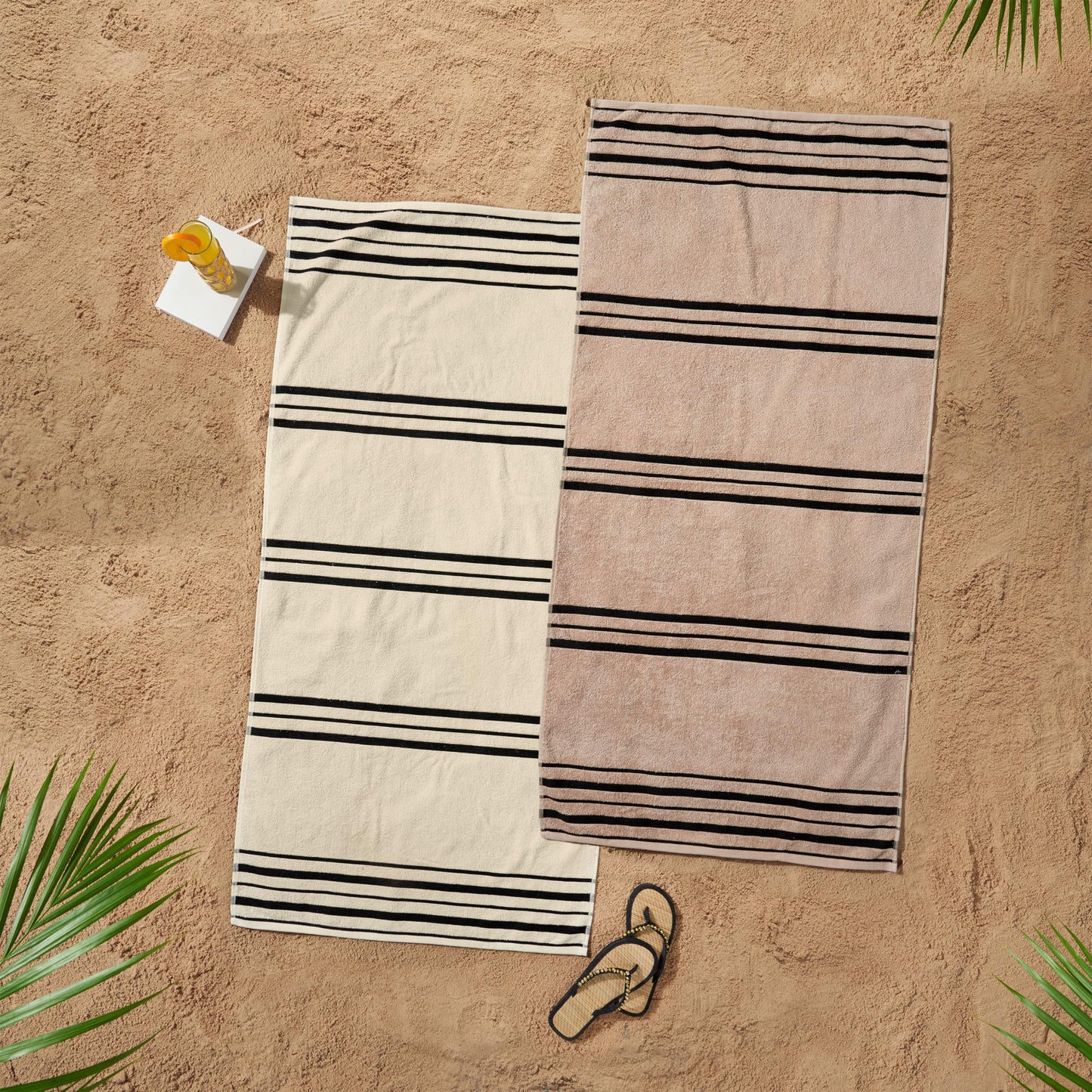 Catherine Lansfield Banded Stripe Cotton 75x150cm Beach Towel Pair Cream/Natural
