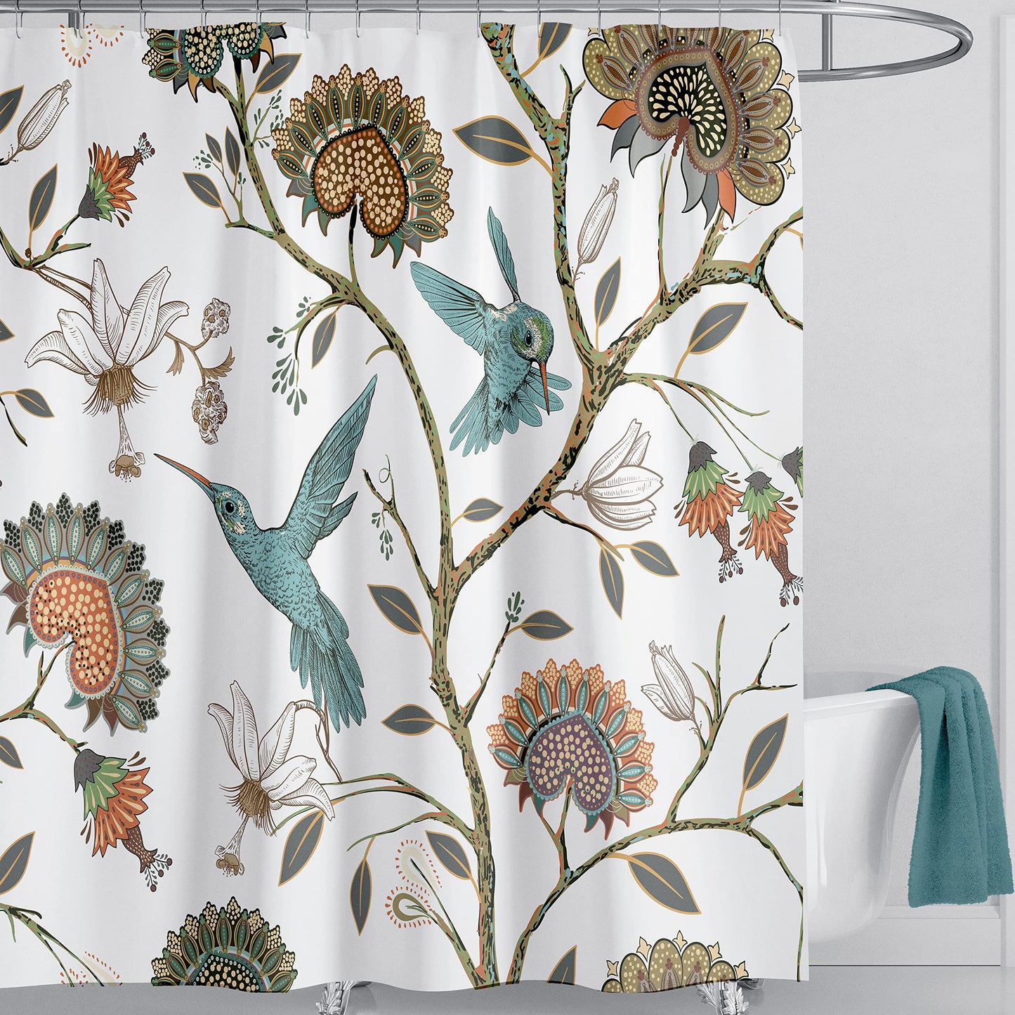 LIVETTY White Birds Floral Shower Curtain 180×180cm with 12 Hooks Mould Proof Floral Shower Curtain Fabric Bathroom Curtain Washable Quick-Drying