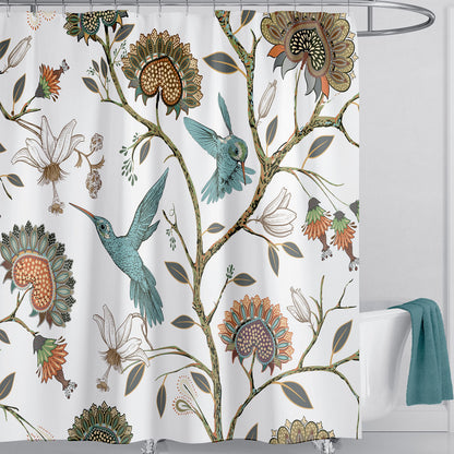 LIVETTY White Birds Floral Shower Curtain 180×180cm with 12 Hooks Mould Proof Floral Shower Curtain Fabric Bathroom Curtain Washable Quick-Drying