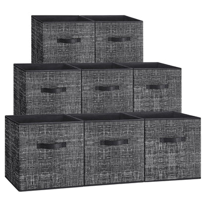 SONGMICS Storage Cubes, 33 cm Non-Woven Fabric Bins with Double Handles, Set of 8, Wardrobe Organisers for Shelves, Foldable, for Clothes, Ink Black