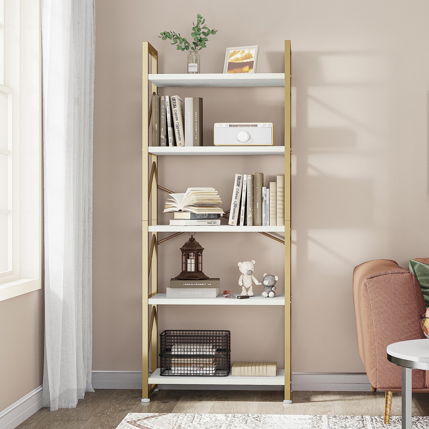 YITAHOME Bookcase 5 Tiers, Floor Standing Book Shelf, Wooden Shelf and Metal Frame Book Rack, Display Storage Rack Shelving Units for Living Room,