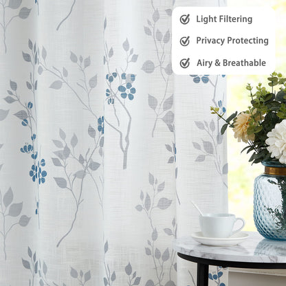 Beauoop Blue Grey Semi Sheer Floral Curtains for Living Room 90 Drop Linen Textured Farmhouse Curtains for Bedroom Leaf Printed Eyelet Rustic Drapes