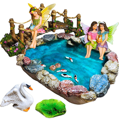 Mood Lab Fairy Garden Fish Pond Kit - Miniature Bridge Set of 6 pcs Fairy Garden Figurines & Accessories - Outdoor or House Decor