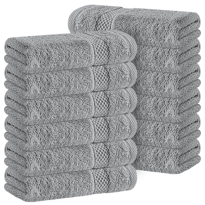 White Classic Luxury Cotton 12 Pc Flannel Set, Hotel Style Small Bath Towel and Face Cloth 33x33 cm, Light Grey Soft Plush Flannels Pack of 12