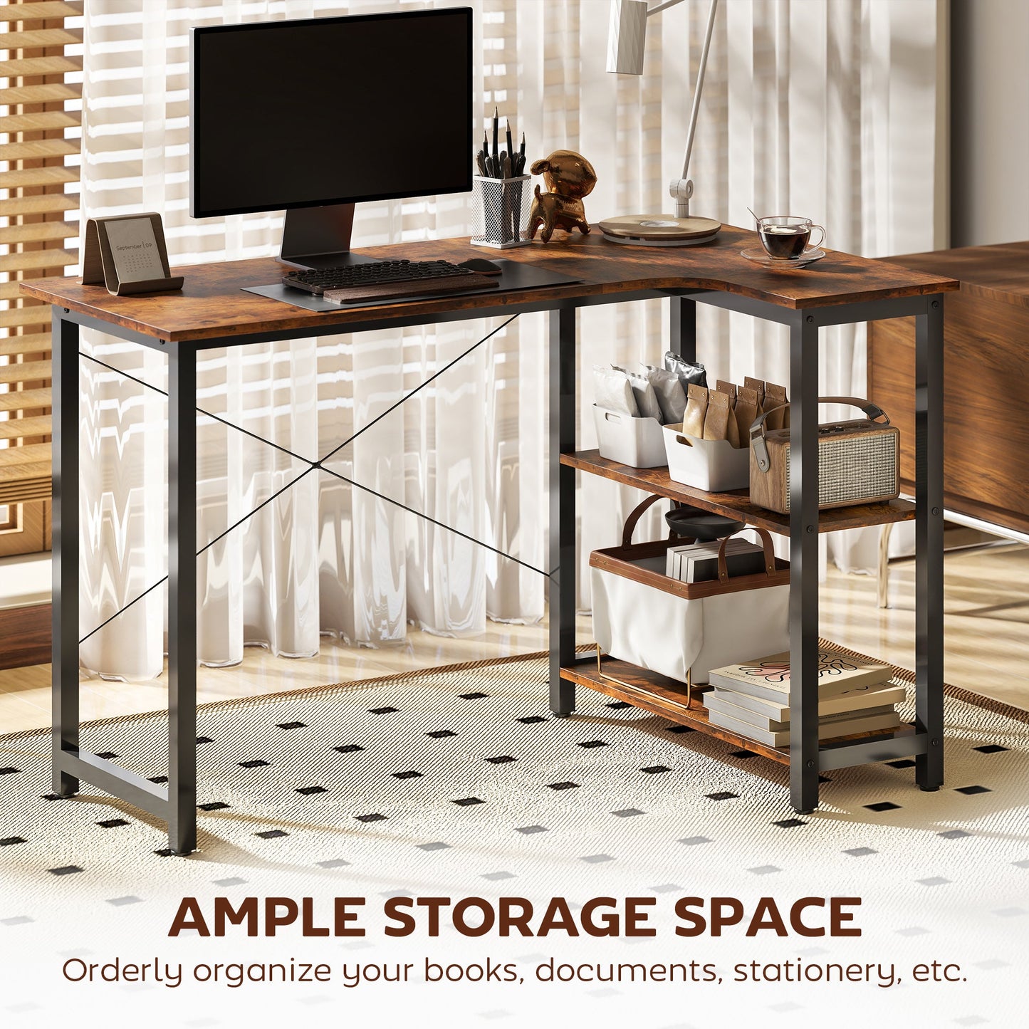 HOMCOM L Shaped Desk, Corner Computer Desk with Bookshelf for Home Office, Study Room, Workstation, 120 x 73.2 x 75cm, Rustic Brown