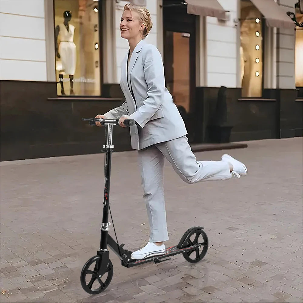 Foldable Commuter Scooter with Adjustable Handle Height Black Frame Rear Brake and Suspension for Kids Ages 6-12 And Adults