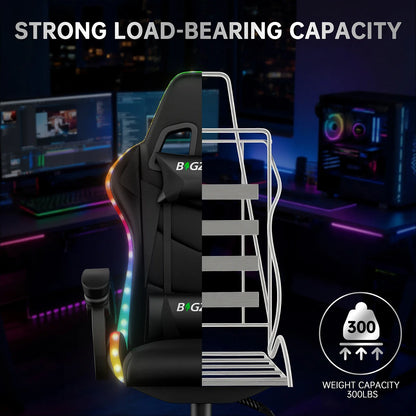 RGB Gaming Chair LED Lights and Ergonomic Computer Chair Reclining PU Leather High Back Video Game Chair Linkage Armrest