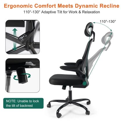 Gwong Ergonomic Office Chair Desk Chair with Folding Armrest Height-Adjustable Breathable Backrest Swivel Gaming Chair