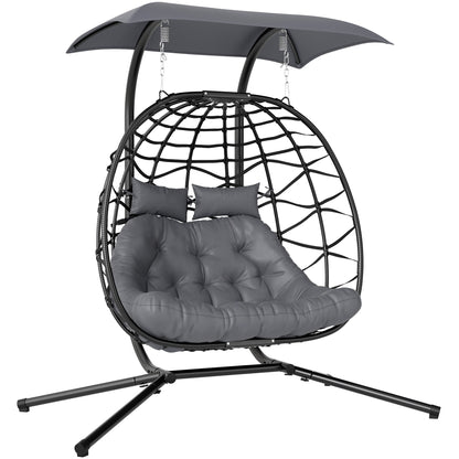 Outsunny Rattan Double Hanging Egg Chair with Canopy, Foldable Wicker Swing Egg Chair with Cushion, Head Pillows, Stand, Steel Frame, Hammock Chair for Indoor Outdoor, Capacity 260 kg, Black