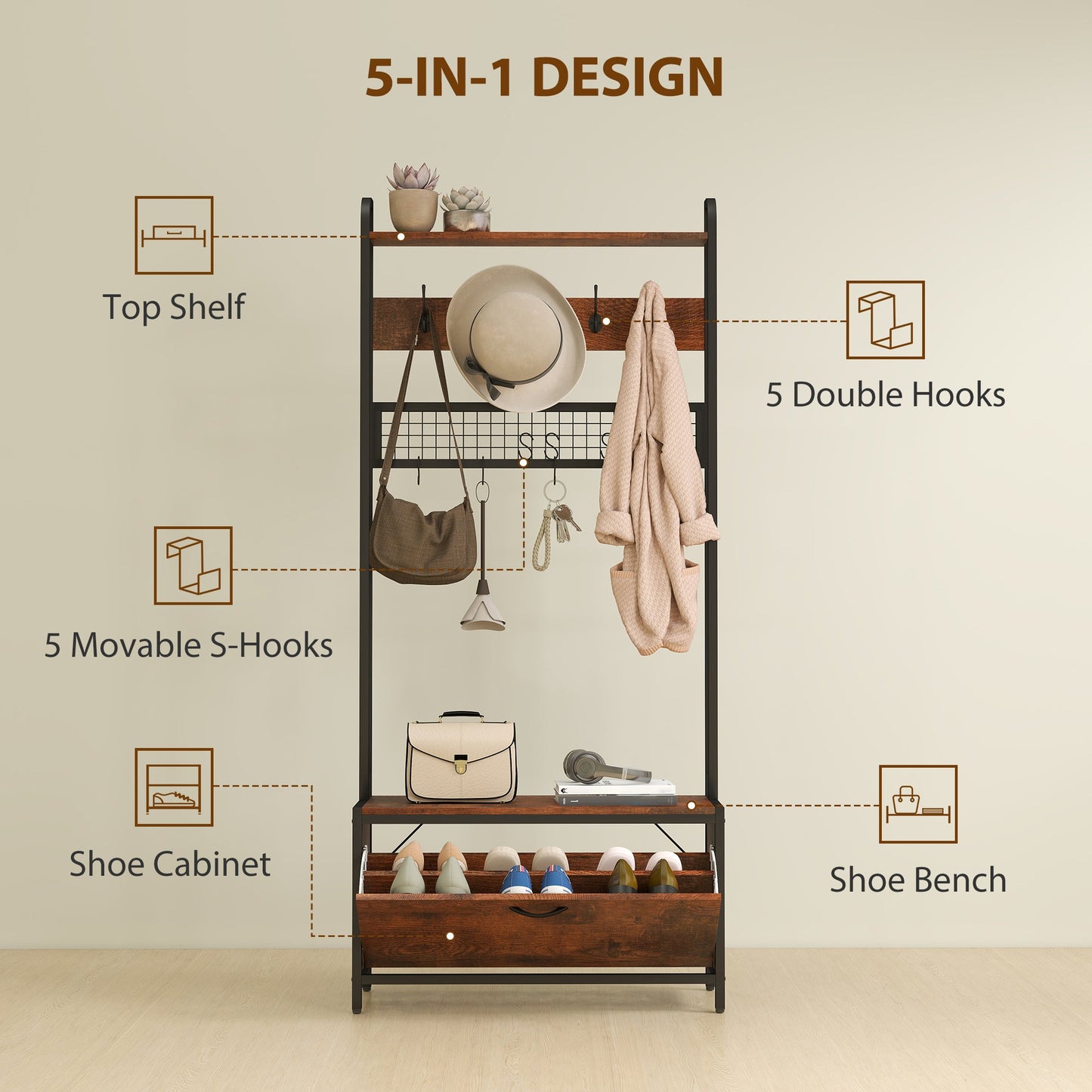 HOMCOM 5-In-1 Industrial-Style Hallway Tree - Brown/Black