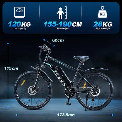 TWOFISH TF-1 Electric Bike, 250W 36V 15Ah Battery, 26" Tires, 25km/h Max Speed, 100km Max Range, Disc Brakes, Front Suspension