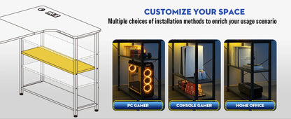 COMHOMA L Shaped Gaming Desk with Power Outlets Corner Computer Desk with Shelves Headphone Hook PC Table Workstation