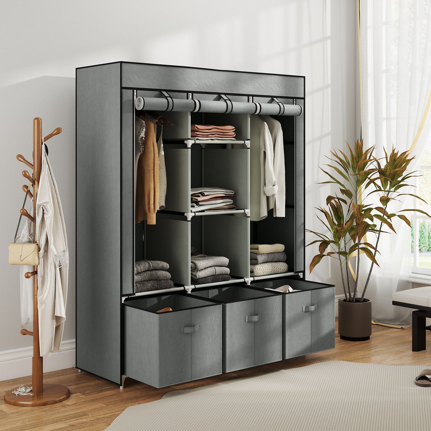 HOMCOM Fabric Wardrobe for Bedroom, Portable Wardrobe with 5 Shelves, 2 Hanging Rails and 3 Fabric Drawers, Foldable Closet, 125 x 43 x 162.5cm, Light Grey