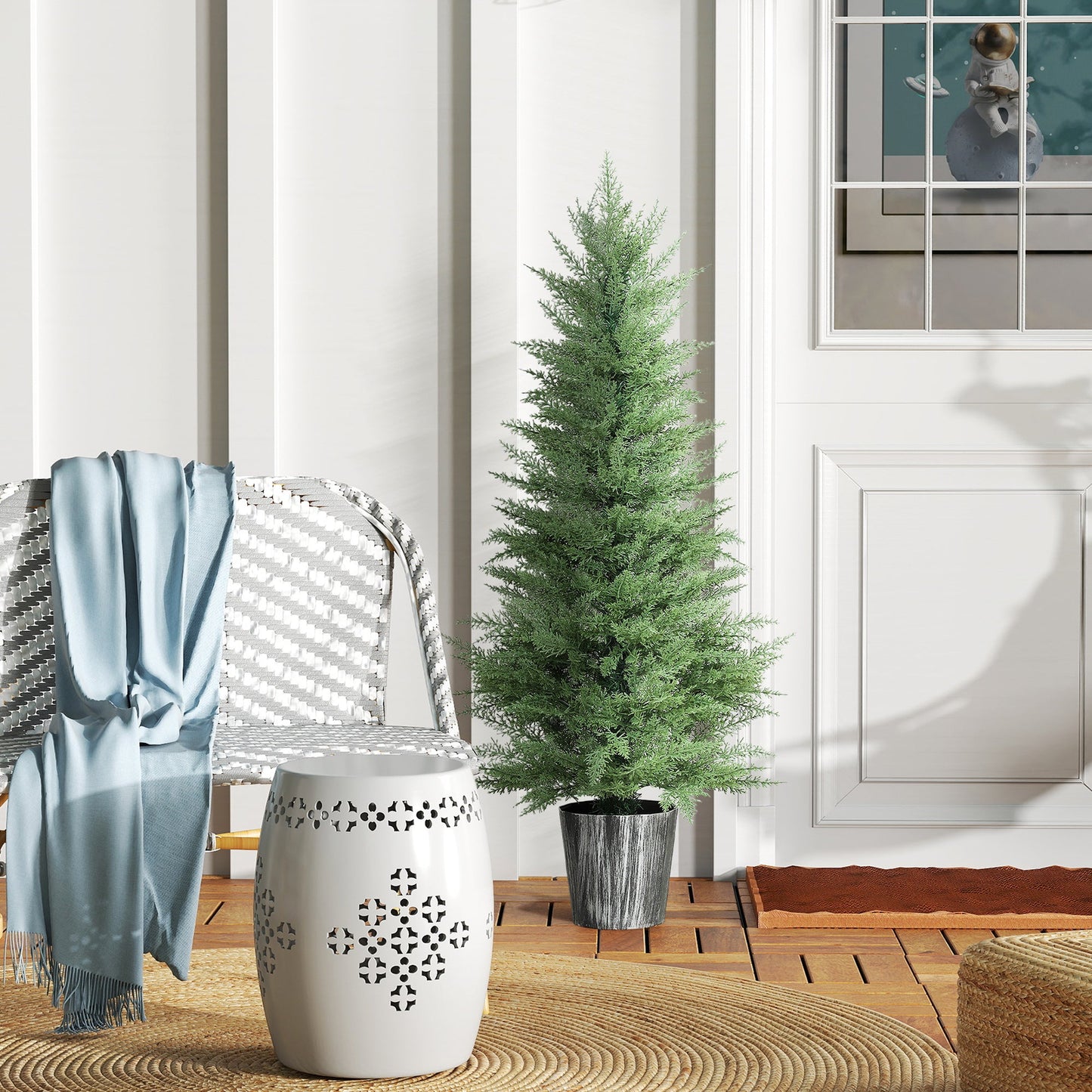 HOMCOM 135cm Artificial Cypress Trees Set of 2, UV Resistant Artificial Plants with Decorative Pot, Fake Plants for Indoor Outdoor Decor, Green