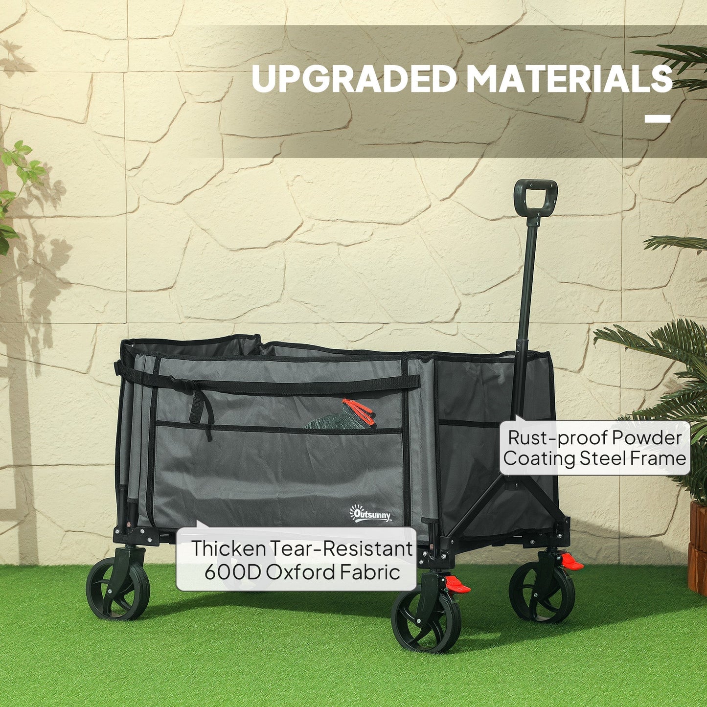 Outsunny Folding Trolley on Wheels, 150L Collapsible Wagon Festival Trolley Cart with Openable Sides, Adjustable Handle and Brakes for Shopping Camping Beach and Garden, Grey
