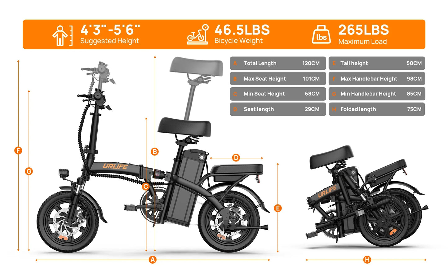 URLIFE 14 Inch Folding E-Bike 48V 7.5Ah 500W Power Removable & Fast Charge 40 Miles Hydraulic Front Suspension Dual Disc Brakes