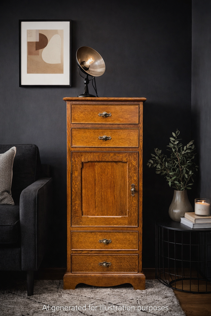 Preloved Oak Slim Tall Cupboard Cabinet Drawers Storage Unit Furniture Bedside