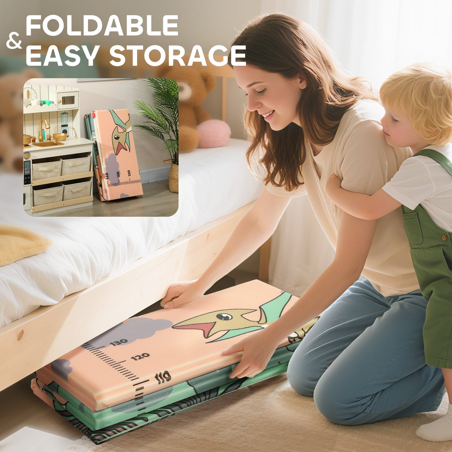 AIYAPLAY Dinosaur-Themed Baby Plat Mat Double Sided, Foldable, Water-Resistant for Outdoor/Indoor, 177 x 146 x 1.5cm
