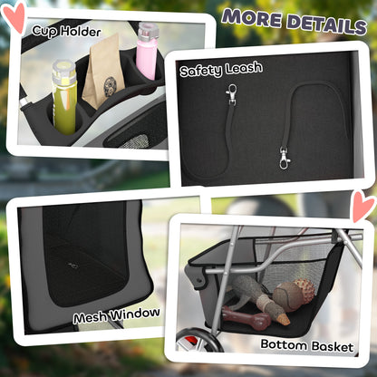 PawHut Dog Pram, Pet Stroller with Reflective Strips, Foldable Cat Stroller with 360° Swivel Wheels, Dark Grey
