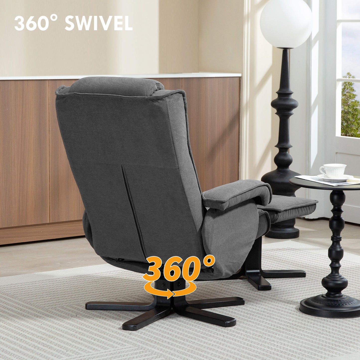 HOMCOM Rocker Swivel Recliner Chair with Footstool - Charcoal Grey Velvet