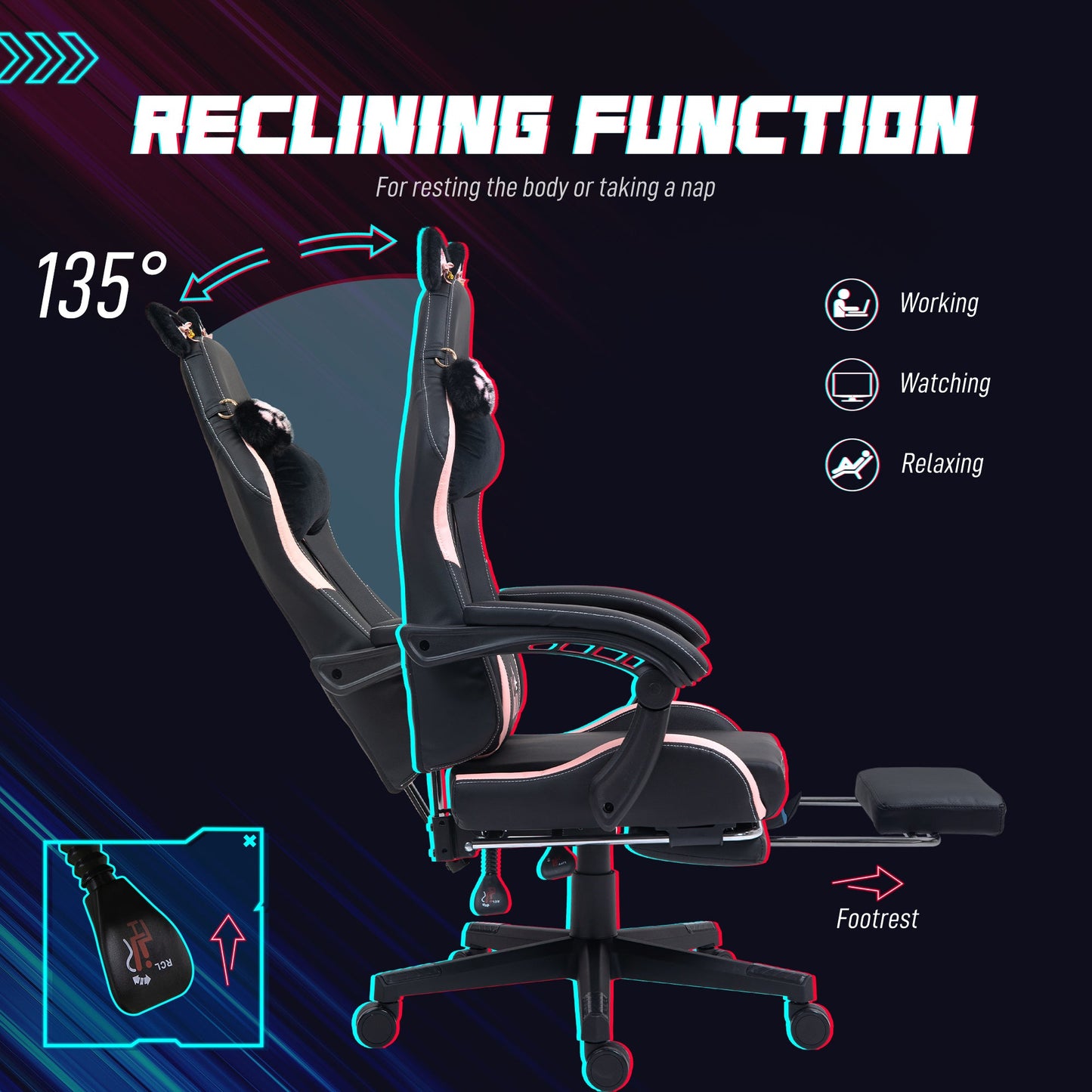 HOMCOM Cat Ear and Paw Reclining Office Chair, with Footrest - Black/Pink
