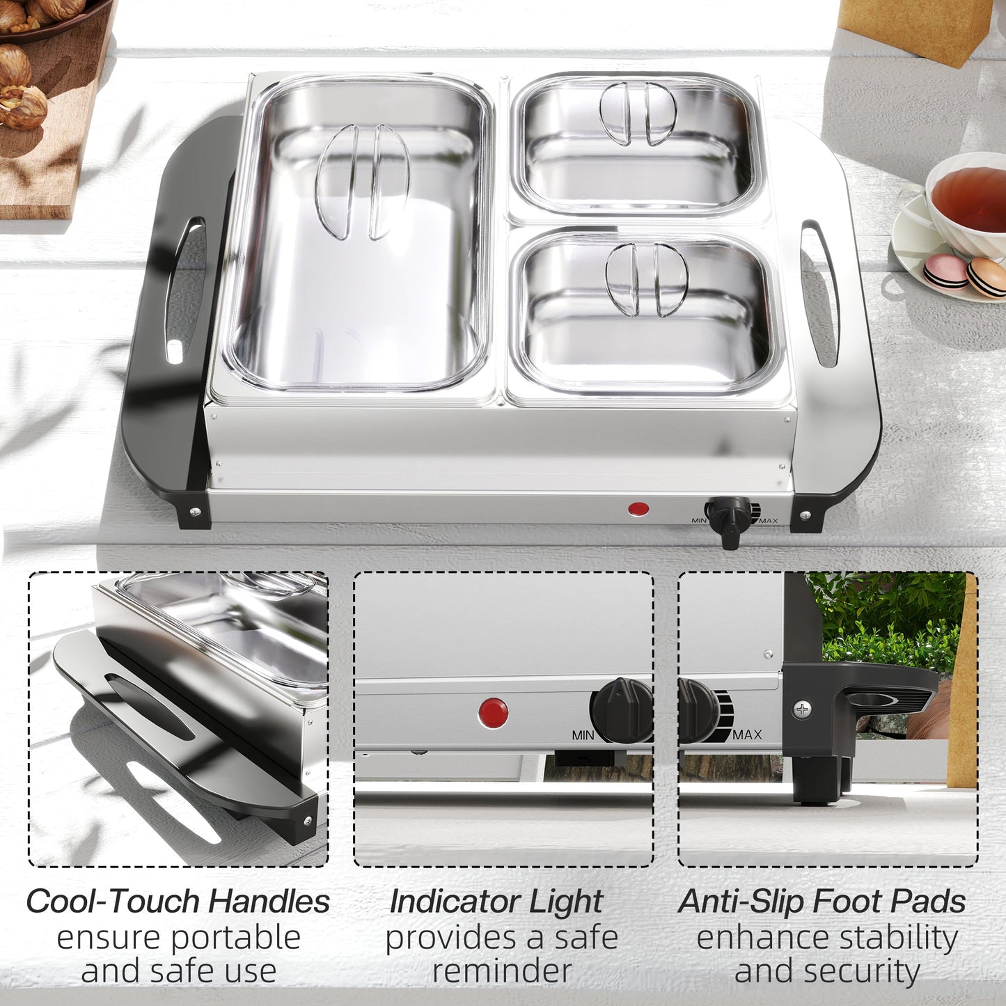 HOMCOM 4.5L Stainless Steel Electric Buffet Server, with 3x Trays and Lids, Set of 2