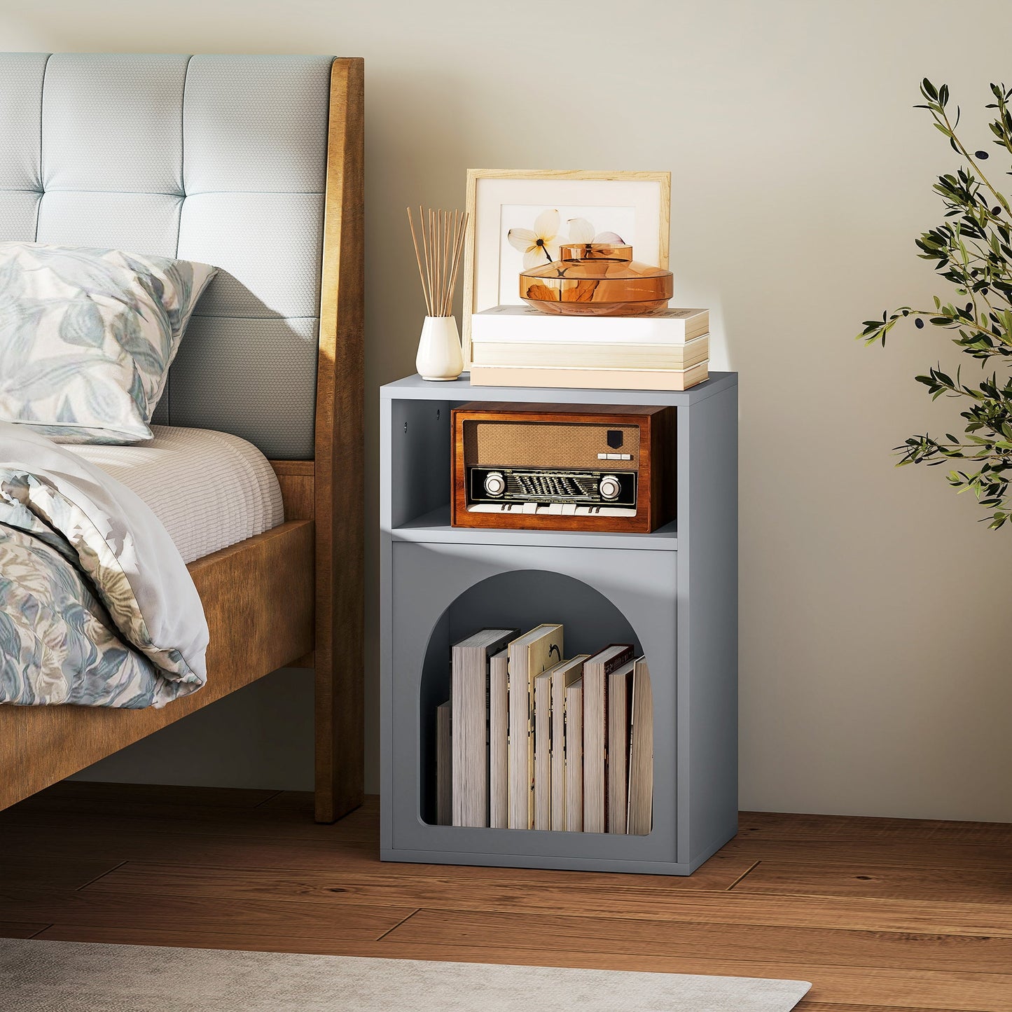 HOMCOM Bedside Table with 2 Open Compartments - Grey