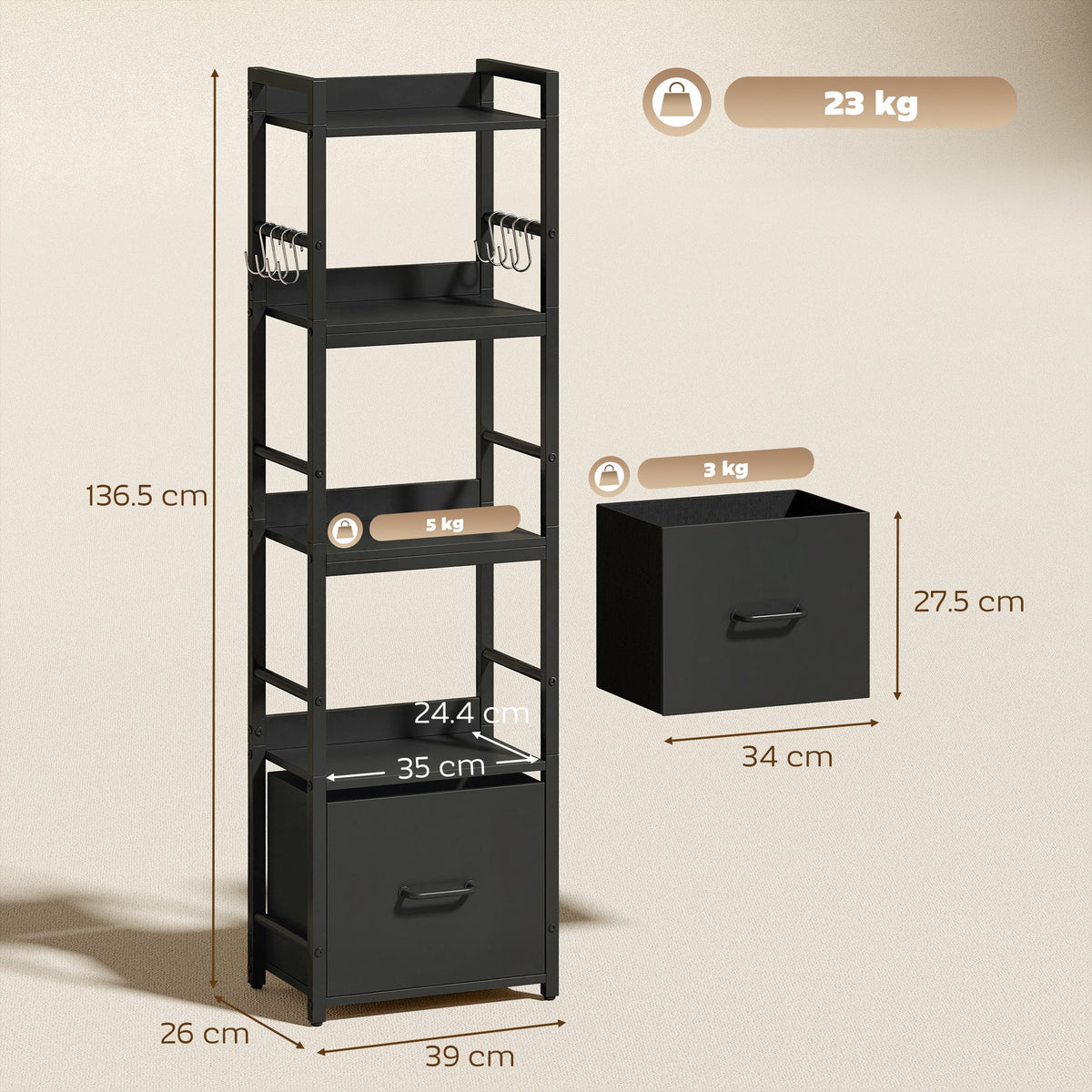 HOMCOM 4-Tier Bookshelf, Narrow Bookcase with Drawer, 8 Hooks, Metal Frame, Black