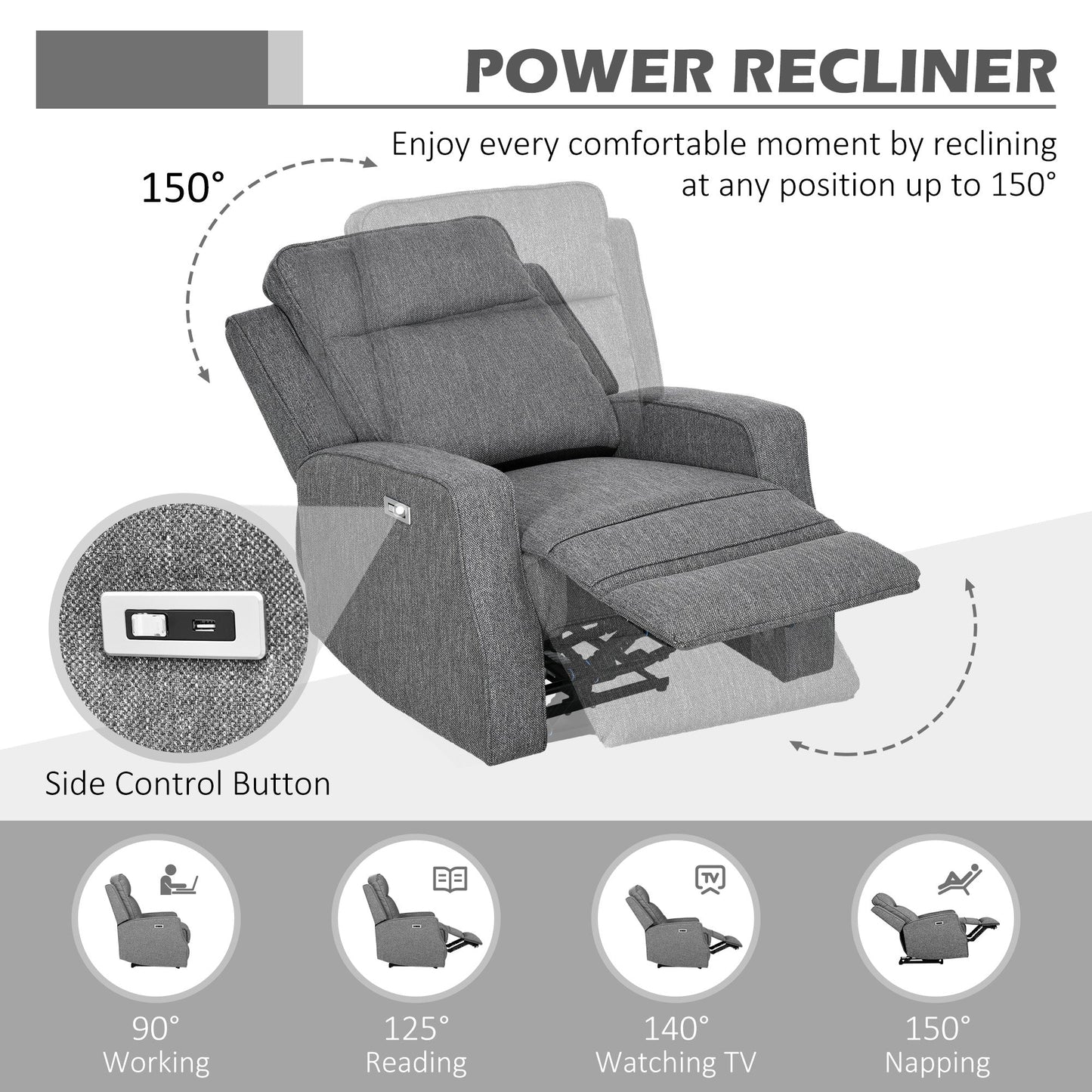 HOMCOM 150\'c2\'b0 Electric Reclining Chair, with USB port and Footrest - Charcoal Grey
