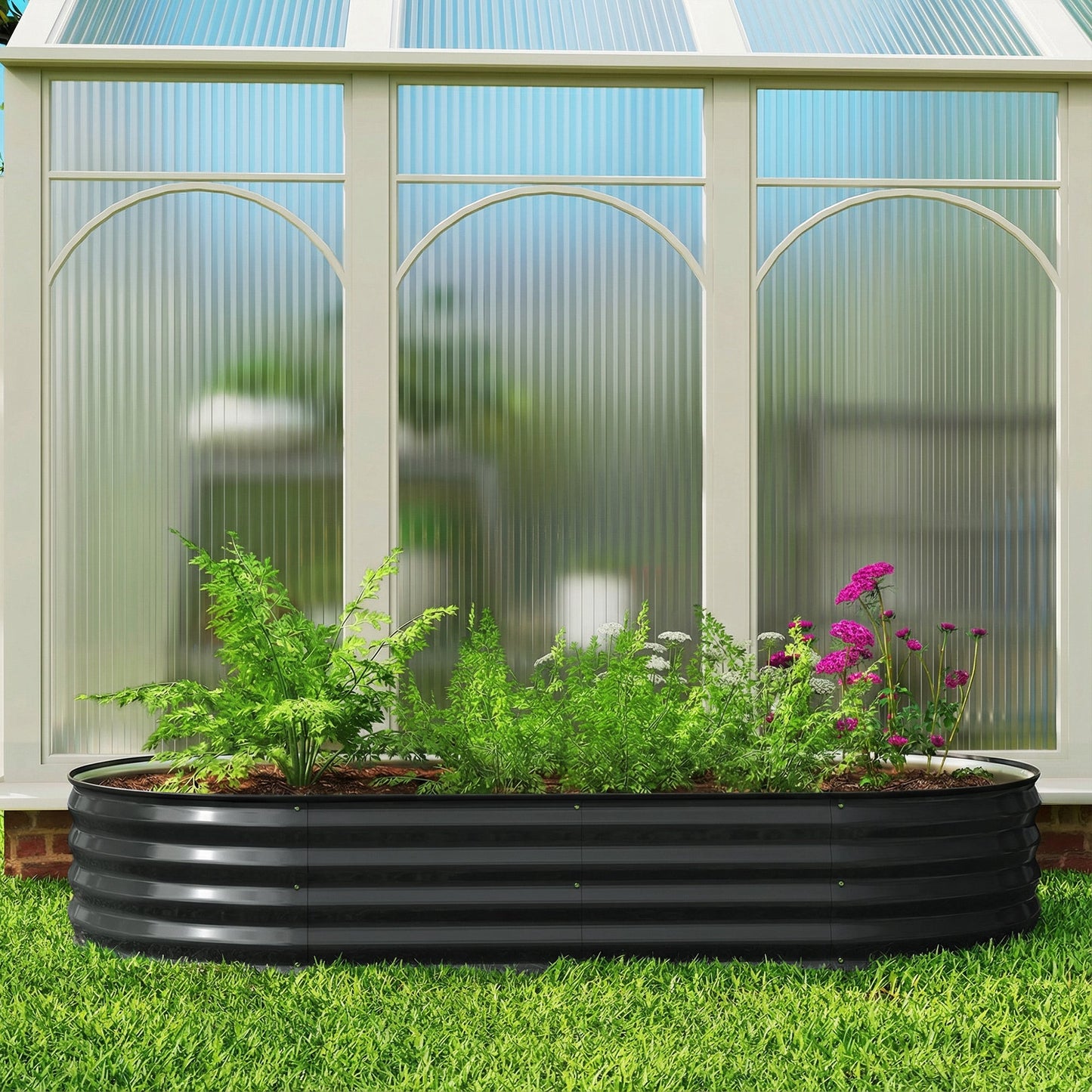 Outsunny Galvanised Raised Garden Bed, Metal Planter Box with Safety Edging, for Flowers, Herbs, Succulents, Dark Grey