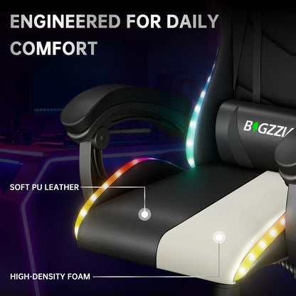 RGB Gaming Chair LED Lights and Ergonomic Computer Chair Reclining PU Leather High Back Video Game Chair Linkage Armrest