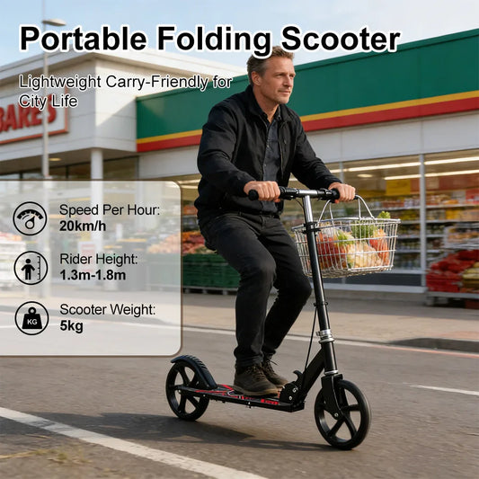 Foldable Commuter Scooter with Adjustable Handle Height Black Frame Rear Brake and Suspension for Kids Ages 6-12 And Adults