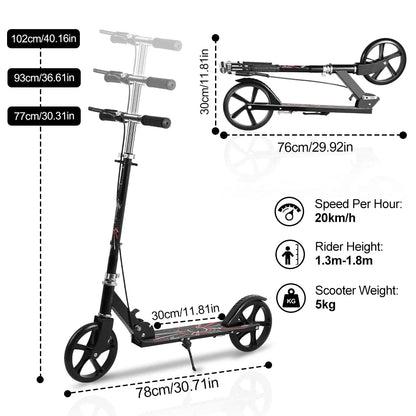 Foldable Commuter Scooter with Adjustable Handle Height Black Frame Rear Brake and Suspension for Kids Ages 6-12 And Adults