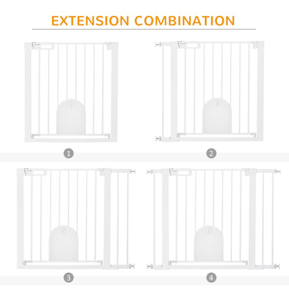 PawHut Dog Gate with Cat Flap Pet Safety Gate Barrier, Stair Pressure Fit, Auto Close, Double Locking, for Doorways, Hallways, 75-103 cm White