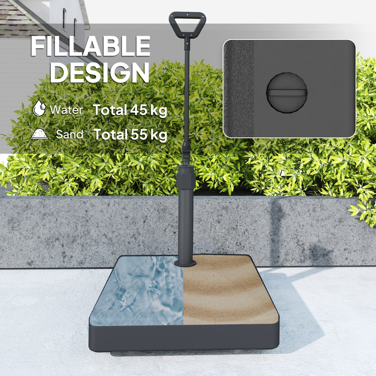 Outsunny Garden Parasol Base with Adjustable Wheels and Handle, Garden Sun Umbrella Base Parasol Stand, Filled Up to 55kg with Stand, 45kg with Water for Garden Poolside, Black